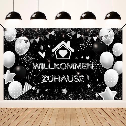 Koliphy Willkommen Zuhause Deko, Willkommen Zuhause Banner Girlande Dekoration für Heimkehr, Familie Rückkehr Familienfeiern Party Deko, Schwarz Silber Welcome Home Banner, 70.8 x 43.3Zoll von Koliphy