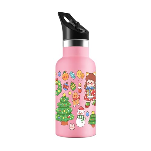 KollyKolla Edelstahl Trinkflasche Leicht 350ml, 3D-Druck Klein Trinkflasche mit Strohhalm, Trinkflasche Kohlensäure Geeignet, Auslaufsicher Thermoskanne, BPA-Frei, Trinkflaschen für Kinder von KollyKolla