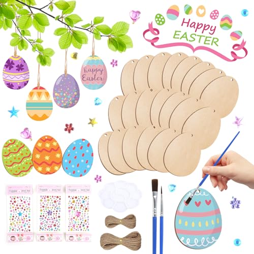 Komicea Ostereier Bemalen Holz, 50pcs Ostereier zum Aufhängen, Ostern Basteln Kinder, Ostern Geschenke Kinder, Ideal Osterdeko, Ostereier Huhn Anhänger Set mit Aquarellstift, Schnur, Pinsel Palette von Komicea