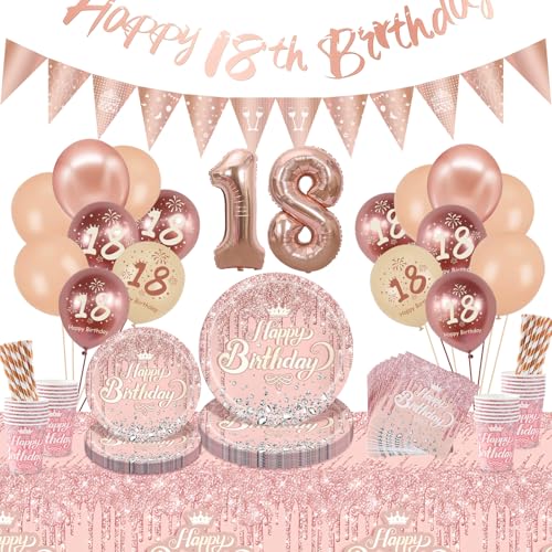 Komicea Rosegold Partygeschirr Set, 18. Geburtstag Mädchen Partygeschirr, Pappteller Kindergeburtstag mit Happy Birthday Banner Ballons, Partygeschirr für Mädchen Party Deko 18. Geburtstag 16 Gäste von Komicea