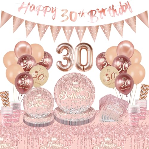 Komicea Rosegold Partygeschirr Set, 30 Geburtstag Frauen Partygeschirr, Pappteller Kindergeburtstag mit Happy Birthday Banner Ballons, Partygeschirr für Frauen Party Deko 30. Geburtstag 16 Gäste von Komicea