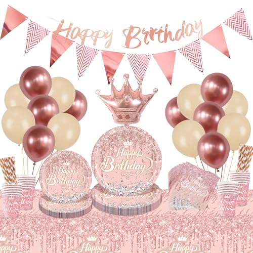 Rosegold Partygeschirr Set, Mädchen Geburtstagsdeko Partygeschirr, Geburtstag Party Geschirr Pappteller Set mit Happy Birthday Banner Ballons, Partygeschirr für Mädchen Party Deko Geburtstag 16 von Komicea