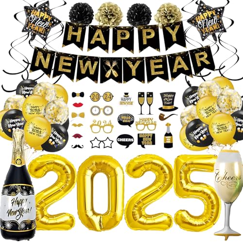 Silvester Deko 2025 Luftballon Goldene Schwarz, Happy New Year Party Dekorationen 2025, Silvester Party Dekoration Set mit Konfetti Ballons, Frohes Neues Jahr Banner, 2025 Foto Requisite Party Deko von Komicea