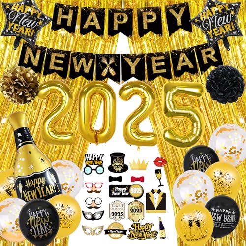 Silvester Deko 2025 Luftballon Goldene Schwarz, Happy New Year Party Dekorationen 2025, Silvester Party Dekoration Set mit Konfetti Ballons, Happy New Year Banner, 2025 Foto Requisite Party Deko von Komicea