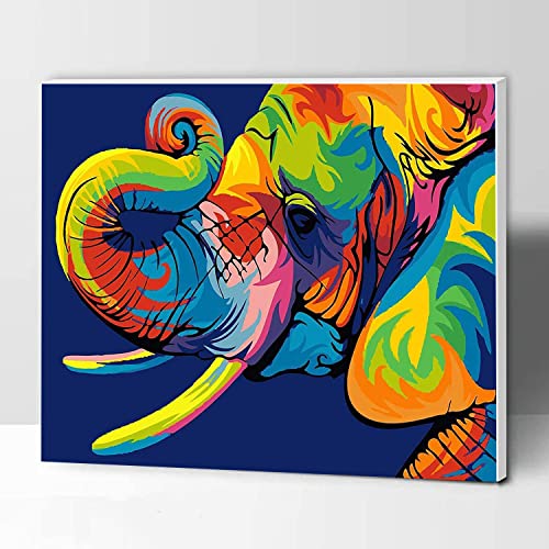 KOMKING Malen nach Zahlen zum Selbermachen, Malen-nach-Zahlen-Set für Kinder und Erwachsene, Anfänger, bunte Tiere, Acrylgemälde auf Leinwand mit Rahmen, 30,5 x 40,6 cm, bunter Elefant von KOMKING