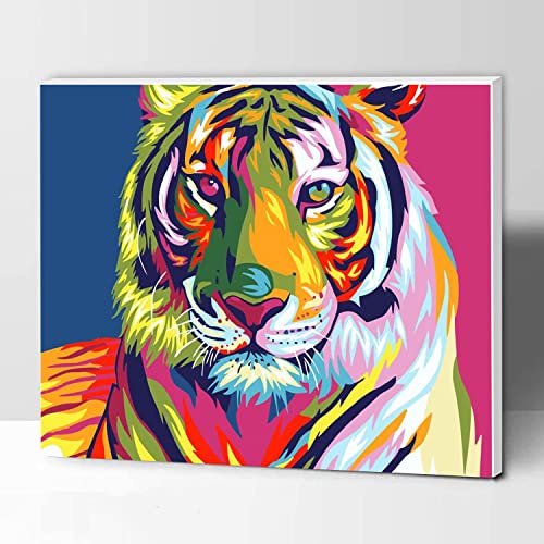 KOMKING Malen nach Zahlen für Kinder Erwachsene mit Rahmen, DIY Acryl Malen nach Zahlen Leinwand Kit, Bunter Tiger, 30,5 x 40,6 cm von KOMKING