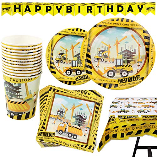 Kompanion Construction Party-Set – 102-teiliges Partyzubehör-Set mit Banner, Tellern, Bechern, Servietten, Tischdecke – für 25 Personen, perfekt für Kindergeburtstagsfeiern und Mottofeiern von Kompanion