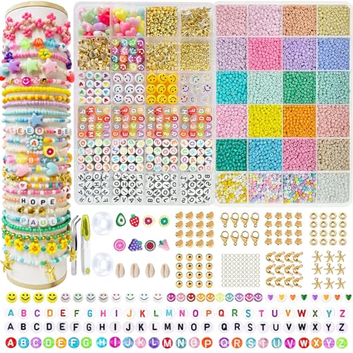 Perlen für Auffädeln, 18000+Stück Glasperlen Set, 2 Boxen Perlen Set Pastell, Schmuck Selber Machen Set, Armbänder Selber Machen Kinder, Basteln Mädchen Geschenk 4 5 6 7 8 9 Jahre von Konoz