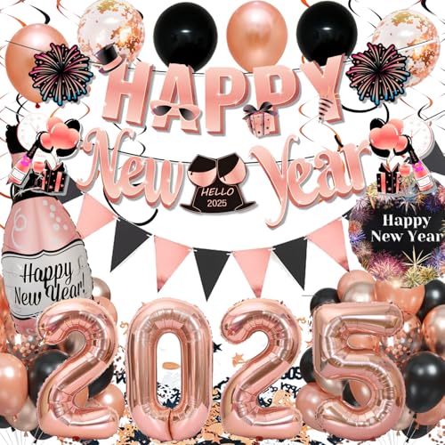 Silvester Deko 2025 XXL Party Set, Neujahr Silvesterdeko, Happy New Year Girlande & Fotorequisiten & Konfetti Ballons & 2025 Folienballons, Silvesterparty Dekoration, Neujahrdeko(Rose Gold) von Konoz