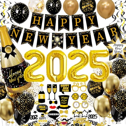 Silvester Deko 2025 XXL Party Set, Neujahr Silvesterdeko, Happy New Year Girlande & Fotorequisiten & Konfetti Ballons & 2025 Folienballons, Silvesterparty Dekoration, Neujahrdeko(Schwarz Gold) von Konoz