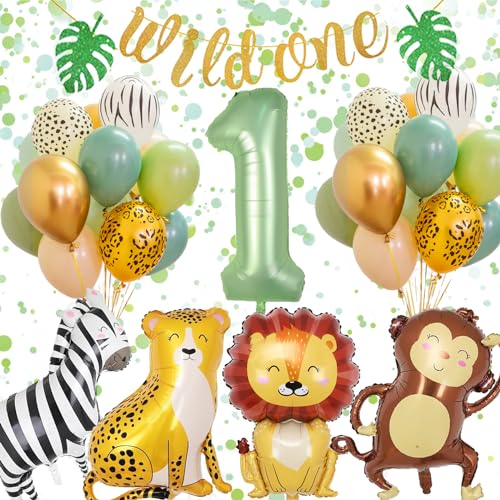 Konoz Wild One Geburtstag Deko, 1. Geburtstag Junge Mädchen, Dschungel Geburtstagsdeko 1 Jahr Junge, 1 Jahr Kindergeburtstag Deko mit Safari Luftballons 1. Geburtstag von Konoz