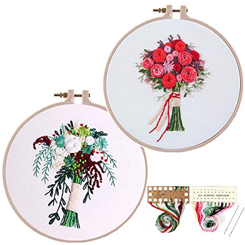 Konrisa Stickerei Starter Kit für Erwachsene Anfänger, gestempelte Stickerei Kit mit Blumenmuster, Kreuzstich Kits Hochzeit Bouquet Dekoration, mit Stickerei Tuch Reifen Fäden Nadeln von Konrisa