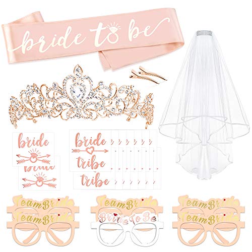 Konsait Rose Gold JGA deko Accessoires für den Junggesellinnenabschied, Hochzeit, Bride to be Schärpe Tiara, Weiße Schleier mit Kamm, Brillen, 16 Tattoos für Braut to be, Team Braut von Konsait