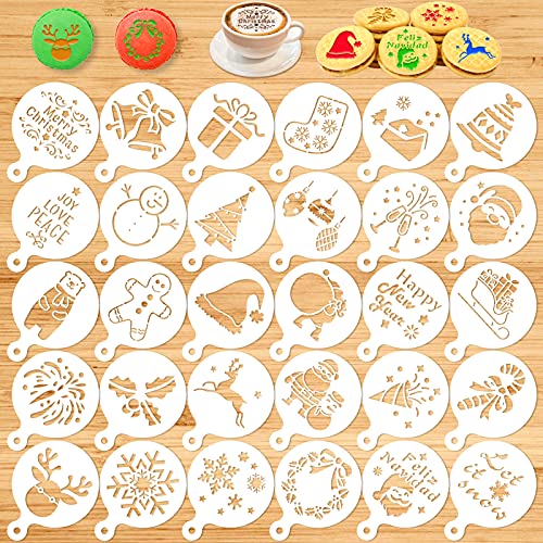 Konsait Weihnachts-Plätzchen-Schablonen, 30 Stück, Frohe Weihnachten, Schneeflocken, Weihnachtsmann, Cupcake, Fondant, Schablonen-Set zum Backen von Zuckerguss, Kuchenausstecher, Prägeform für Kaffee, DIY-Malerei, Basteln, Partyzubehör von Konsait