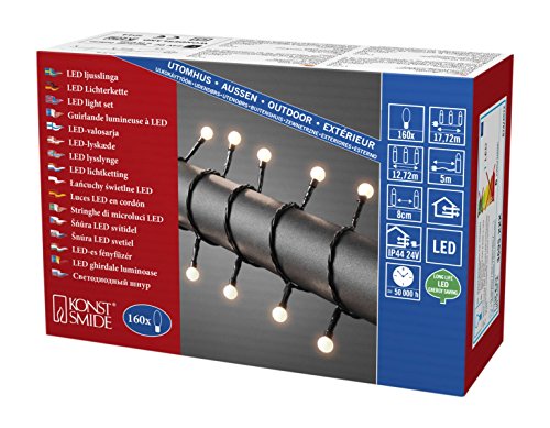 Konstsmide 3695-107 LED Globelichterkette mit kleinen runden Dioden / für Außen (IP44) / VDE geprüft / 24V Außentrafo / 160 warm weiße Dioden / schwarzes Kabel, Warmweiß von Konstsmide