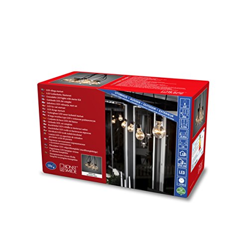 Konstsmide LED Biergartenketten System Basis-Set (Lichterkette und Transformator), erweiterbar bis 4 Ketten, 10 klare Birnen / 80 bernsteinfarbene Dioden, 24V Außentrafo, schwarzes Kabel - 2396-800 von Konstsmide