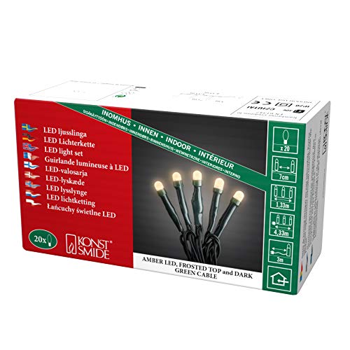 Konstsmide Micro LED Lichterkette, gefrostet, verschweißt, 20 bernsteinfarbene Dioden, 30V Innentrafo, dunkelgrünes Kabel - 6341-820 von Konstsmide