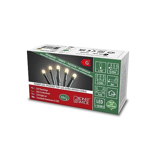 Konstsmide Micro LED Lichterkette, gefrostet, verschweißt, 50 bernsteinfarbene Dioden, 30V Innentrafo, dunkelgrünes Kabel - 6343-820 von Konstsmide