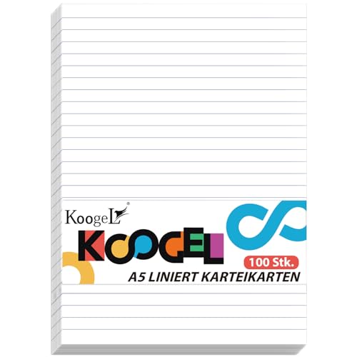 Koogel 100 Stück Linierte Karteikarten, Weiß Karteikarten 14,8 x 21 cm Notizkarten Lernkarten Schule Lernen Büro Spielkarten von Koogel