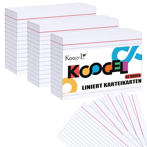 Koogel 1000 Stücke A8 Liniert Karteikarten, Lernkarten Vokabelkarten Revisionskarten Weiß für Unterwegs Vokabel Lernen 7,4 x 5,2 cm von Koogel