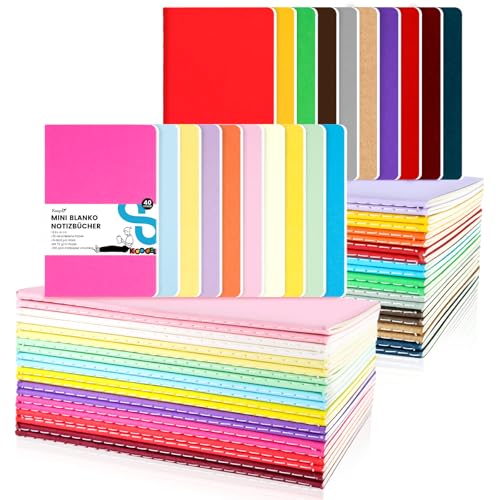 Koogel 40 Stück Kleine Blanko Notizbücher, A6 Notizbuch Journal Tagebuch Notizblöcke Schulhefte 14cm x 9cm Notizbücher mit Kraftpapier-Einband 20 Farben von Koogel