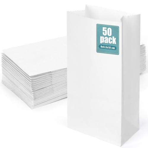 Koogel 50 weiße Papiertüten, kleine Kraftpapiertüten, Snack-Tüten, Lunch-Taschen für Bastelarbeiten, Babypartys, Hochzeiten, Partygeschenke von Koogel