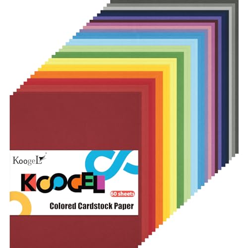 Koogel 60 Blatt farbiger Karton zum Basteln, A4-Baupapier, 20 Farben, verdicktes Bastelpapier für Bastelarbeiten, Drucker-Einladungen, Kartenherstellung, 120 g/m² von Koogel