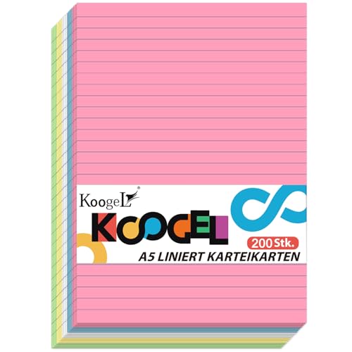 Koogel 200 Stück Linierte Karteikarten, Notizkarten 14,8 x 21 cm Bunte vokabelkarten Lernkarten 5 Farben für Schule Lernen Büro Spielkarten von Koogel