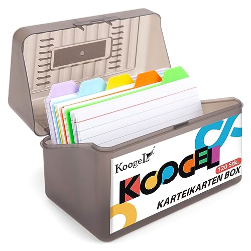 Koogel Karteikarten Box, Lernkarteibox Karteikasten für 300 Karten 12,5 x 7,5 cm, Karteibox Lernbox inkl. 10 Tabs und 100 Lernkarten von Koogel