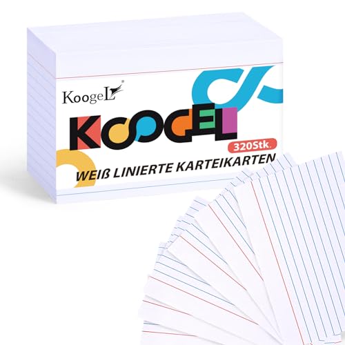 Koogel Linierte Karteikarten, 320 Stück Lernkarten Linierte Notizkarten 12,5 x 7,5 cm zum Lernen Notizen To-Do-Liste Weiß von Koogel