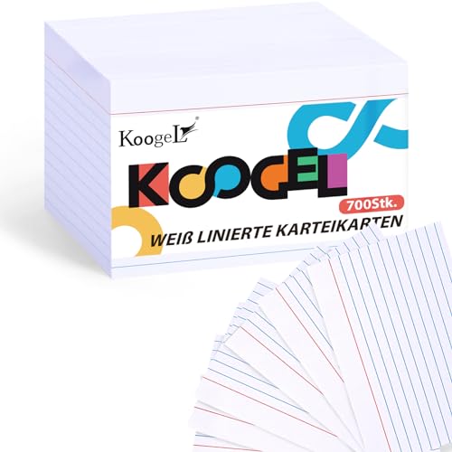 Koogel Linierte Karteikarten, 700 Stück Lernkarten Linierte Notizkarten 12,5 x 7,5 cm zum Lernen Notizen To-Do-Liste Weiß von Koogel