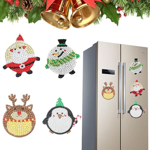 4 Stück 5D multifunktionale diamantbemalte Kühlschrank-Aufkleber, Weihnachten, Schneemann, Elch, DIY, handgefertigt, Acryl, Diamant-bemalt, Rucksack, Wasserbecher, Computer-Aufkleber, von KookuLEE