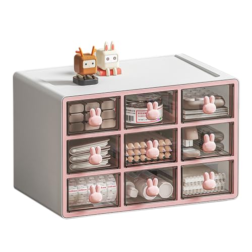 Jumuao Aufbewahrungsbox mit 9 Schubfächern aus Kunststoff,Desktop Sortierkasten,Sortierboxen Kleinteilemagazin,Schubladenbox Desktop Aufbewahrung Organizer für Kosmetik Schmuck Schreibwaren (Rosa-L) von Koomuao