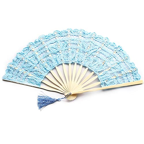 Koomuao Spitzenfächer Hochzeitsfächer Spitze Handfächer mit Holzgriff Faltbare Fächer Hochzeit Hand Fan Gast-Geschenk Hochzeit Party Dekofächer Kostüm Theater (Hellblau) von Koomuao