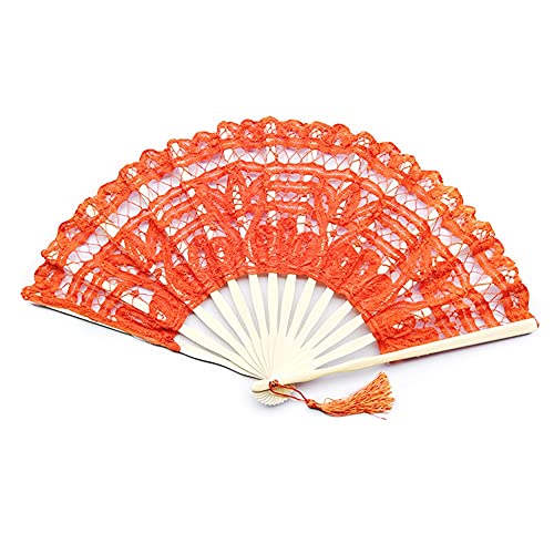 Koomuao Spitzenfächer Hochzeitsfächer Spitze Handfächer mit Holzgriff Faltbare Fächer Hochzeit Hand Fan Gast-Geschenk Hochzeit Party Dekofächer Kostüm Theater (Orange) von Koomuao