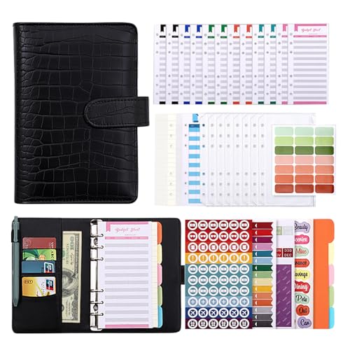 Liemuao A6 Binder Budget Planner Notizbuch, PU Leder Budget Binder,Ringbuch Leder Budget Geld Organizer Sparen mit Budgetkarte/Kalender Karte/PVC Tasche/Refill Paper/Etikettenaufklebern (Schwarz) von Koomuao