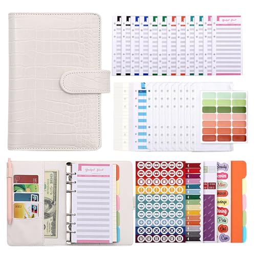 Liemuao A6 Binder Budget Planner Notizbuch, PU Leder Budget Binder,Ringbuch Leder Budget Geld Organizer Sparen mit Budgetkarte/Kalender Karte/PVC Tasche/Refill Paper/Etikettenaufklebern (Weiß) von Koomuao