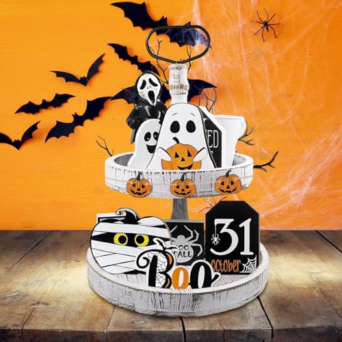 7 Stück Halloween Tiered Tray Decor Happy Halloween Boo Ghost Rustikaler Kürbis Holzschild Tablett Schilder, Dekorationsartikel für Zuhause, Tisch, Haus, Zimmer, Küche, Party (Kürbis-Geist-Set) von Koonafy