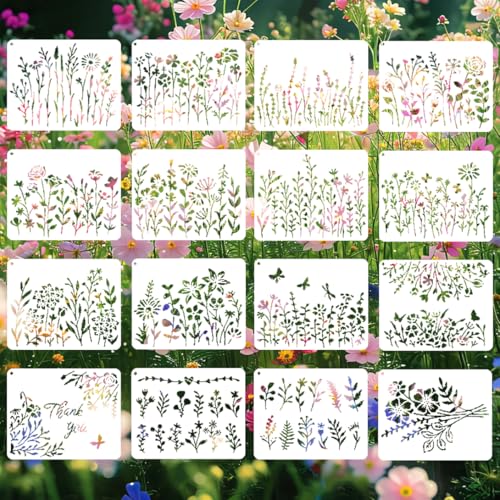 Koonafy 16 Stück Blumen Schablone, Kirschblüte Blumen Wildblumen Wiederverwendbare Zeichenschablone, 15x12 cm Malschablonen DIY Vorlagen Malerei Schablonen Set für Scrapbooking (15x12cm) von Koonafy