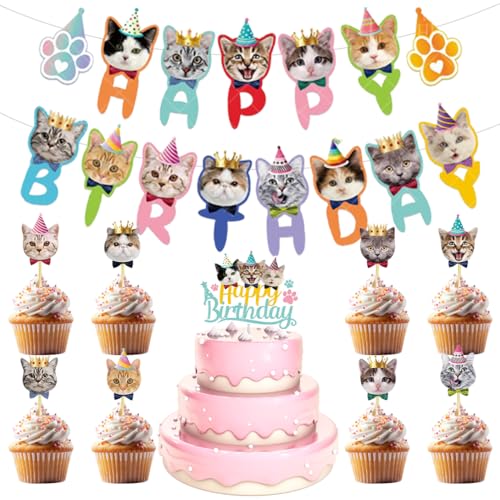 Koonafy Katze Geburtstagsfeier Dekoration - Katzenthema Geburtstagsbanner Katze Happy Birthday Tortendeko für Kätzchen Haustier Thema dekorationen Fotoautomaten Requisiten (katze gesicht geburtstag) von Koonafy