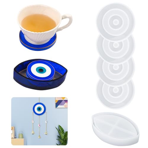 Koonafy Silikonformen Epoxidharz Untersetzer Evil Eye Resin Formen Silikon Epoxy Enthalten 4 Untersetzer Formen und 1 Kasten Formen DIY Haus Dekoration (white) von Koonafy