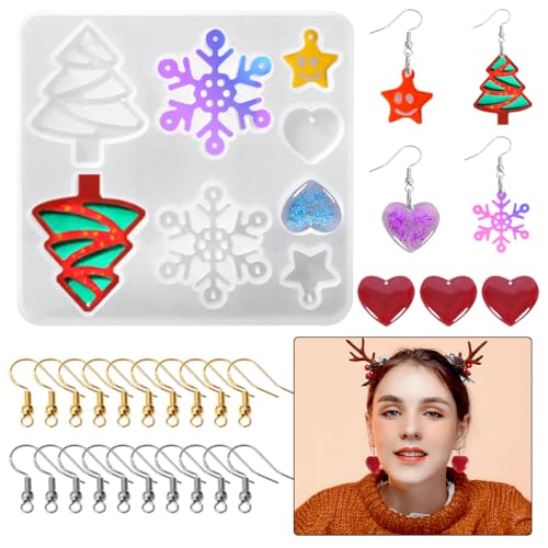 Koonafy Weihnachtsohrring Epoxidharz Silikonform Schmuck Gießform Schneeflocken Anhänger Harzform Ohrringe Resin Mold mit 20Pcs Ohrhaken für DIY Halskette Ohrringe Basteln von Koonafy