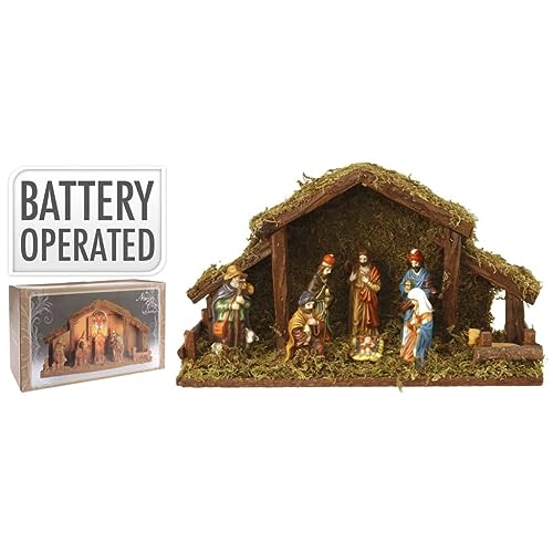 Home&Style 463310 Weihnachtskrippe 39 x 22,5 cm mit 8 Holzfiguren und Beleuchtung, Batteriebetrieben von Koopman International