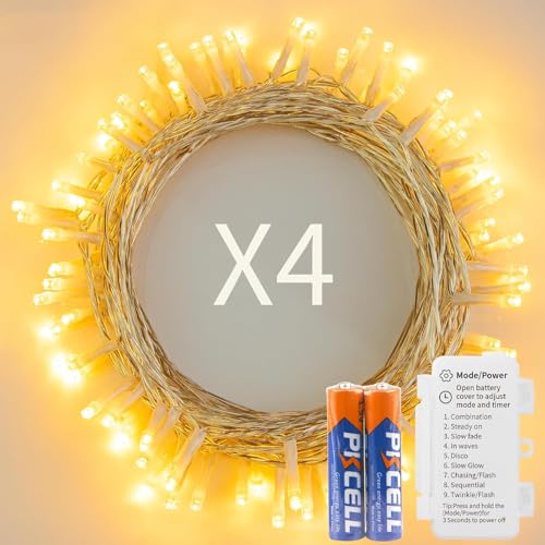 Koopower LED Lichterkette (4 x 50er LED mit Batterien | 5m) mit Fernbedienung, Timer & 9 Programmen, dimmbar, Warmweiß – wasserdichte Christbaumlichter, Perfekt für Weihnachten und Partys von Koopower