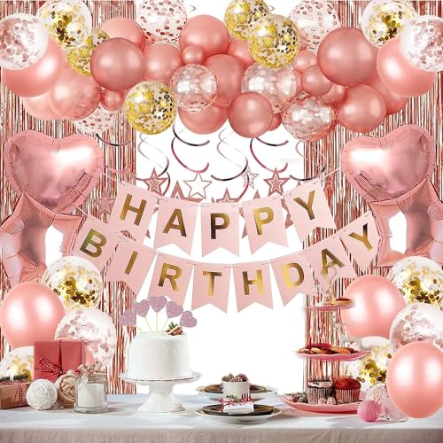 62 Stück Rose Gold Geburtstag Party Dekorationen, Happy Birthday Banner, Herz Stern Folie Konfetti Luftballons, Rose Gold Fransen Vorhang Hängende Wirbel für Frauen Mädchen Geburtstag Party von Kooy