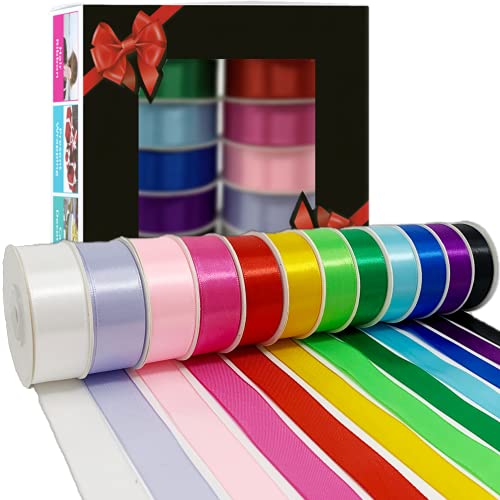 Kopa Kraft Satinband zum Basteln in 12 Farben, 25 mm x 23 Meter pro Rolle, Bänder zum Verpacken von Geschenken, Bänder zum Nähen, Kuchenband, breites dickes Band, Floristenband, Seidenband, Haarband von Kopa Kraft