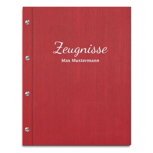 Handgefertigte Zeugnismappe mit eigenem Namen in roter Leinenoptik – inkl. 12 Sichthüllen – Mappe für Zeugnisse und Urkunden von Kopierladen Karnath GmbH