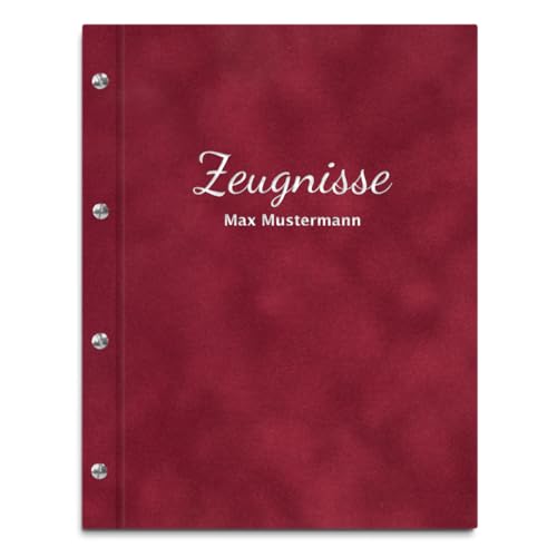 Handgefertigte Zeugnismappe mit eigenem Namen in roter Samtoptik – inkl. 12 Sichthüllen – Mappe für Zeugnisse und Urkunden von Kopierladen Karnath GmbH
