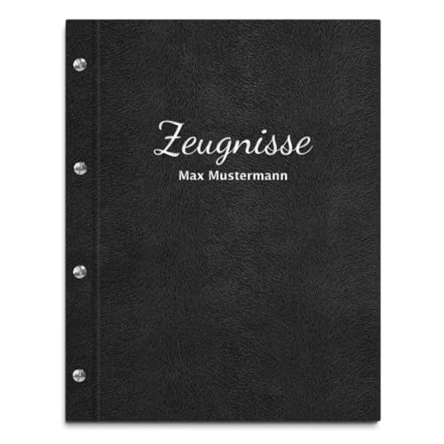 Handgefertigte Zeugnismappe mit eigenem Namen in schwarzer Felloptik – inkl. 12 Sichthüllen – Mappe für Zeugnisse und Urkunden von Kopierladen Karnath GmbH