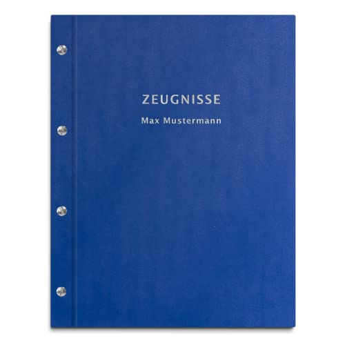 Personalisierte Zeugnismappe in blauer Lederoptik – mit 30 Hüllen für DIN-A4 Dokumente – 2-zeiliger Wunschtext als Prägung von Kopierladen Karnath GmbH